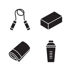 A collection of fitness equipment including a jump rope block towel and shaker bottle in black silhouette