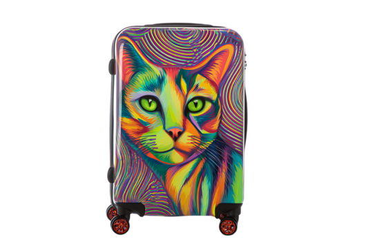 Colorful cat themed suitcase, vibrant art.