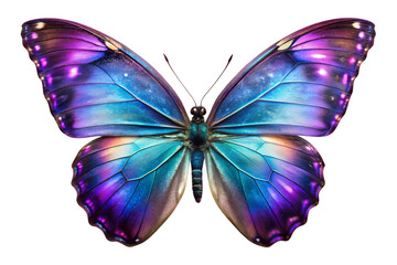 Vibrant iridescent butterfly, cosmic blue and purple hues, isolated on black background, detailed macro photography.
