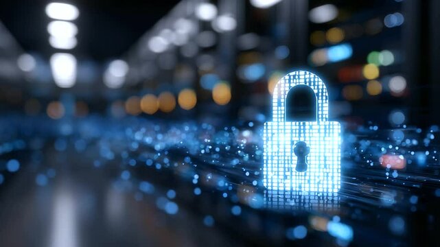 Concept art of cybersecurity with binary code flowing into a locked padlock superimposed on server racks, creating a sense of encrypted, protected information