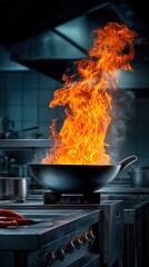 Large black wok with towering stirfried vegetables