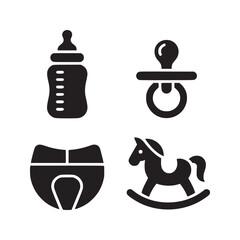 A set of baby icons featuring a bottle, pacifier, diaper, and rocking horse in solid black on white