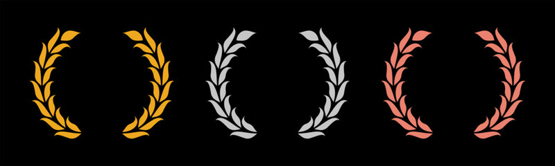 Laurel wreath of victory icon, set of gold, silver, and bronze medals on black background, laurel frame ranking decoration. Vector illustration