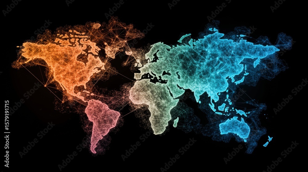 Poster global network bright and colorful representation of a world map with lines and points indicating gl