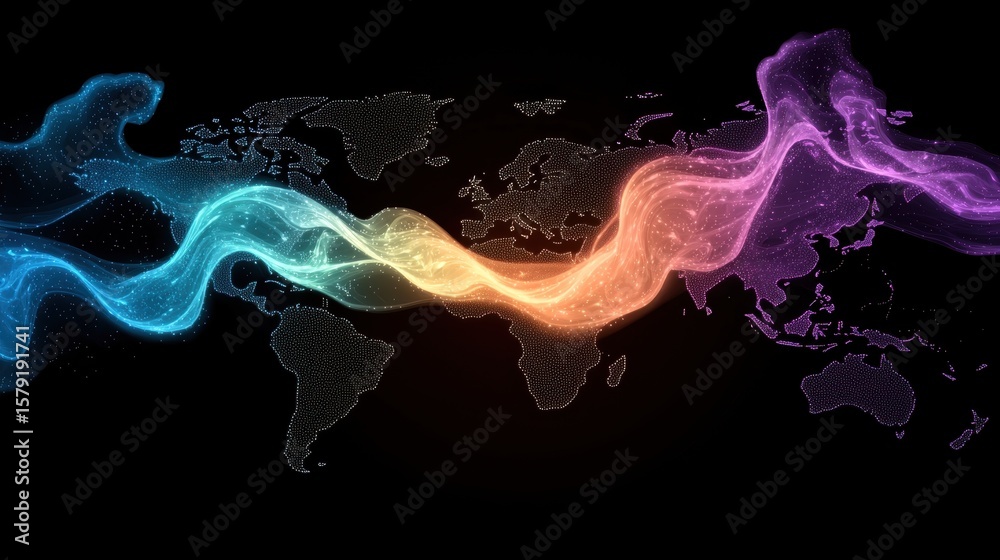 Poster global network digital rendering of a world map with colorful, flowing lines, indicating data transf