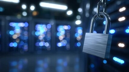 Dark ambient data center scene with rows of racks illuminated only by flashing indicators and a metallic padlock hanging from one cabinet, evoking mystery and digital strength - Powered by Adobe
