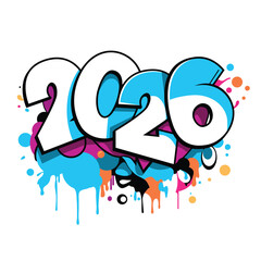 Composition with the inscription 2026 surrounded by various colored spray paint spots. Design in bright colors in graffiti style on a white background. Design for celebrating New Year 2026. Vector
