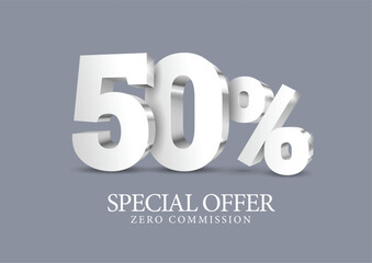 50% percent number in light grey color. Zero number in silver 3d. Poster template for discount, sale discount, work progress. Vector illustration