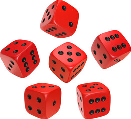 Red photorealistic 3d cube for games. Dice icon in flight closeup isolated on white background. Vector illustration.