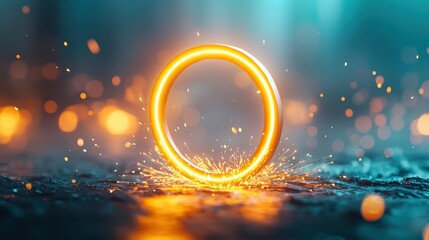 Neon Industrial or Tech Aesthetic A glowing neon ring embedded in a high tech factory wall, surrounded by sparks and cables, showcasing a mix of tech and industry.