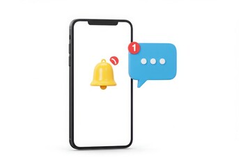 Smartphone displaying notification bell and chat bubble with one unread message isolated on white background