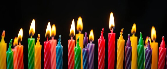 Close-up of many brightly colored birthday candles against a dark background, forming a vibrant and celebratory pattern,  texture,  wax