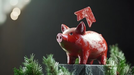 Red Piggy Bank with Arrow on Top Surrounded by Christmas Greenery
