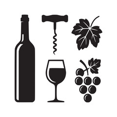 A black and white vector illustration of a wine bottle corkscrew glass grapes and a leaf design element