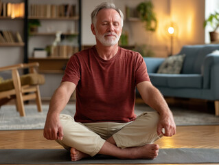 Senior man meditating cross legged on yoga mat in cozy living room, peaceful expression, casual clothing, home relaxation
