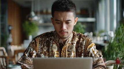 Focused young man in batik working on laptop at fintech startup space with greenery Image 4K UHD