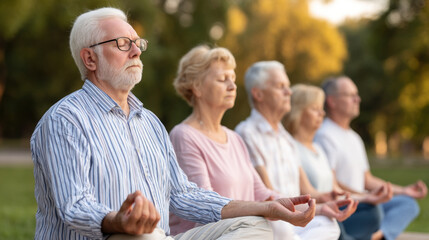 Senior people meditating outdoors, sitting cross legged on grass, eyes closed, peaceful and relaxed in park during sunset