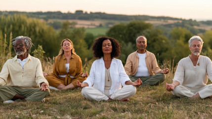 Group meditation outdoors, diverse adults sitting cross legged on grass, peaceful expressions, nature background, relaxed atmosphere