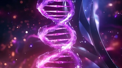 A detailed 3D model of DNA particles forming a twisted helix structure, suspended in a fluid matrix of bioluminescent particles, soft pink and purple lighting creating a surreal atmosphere.