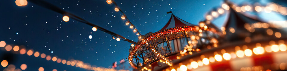 Naklejka premium Nighttime Carousel with String Lights and Starry Sky