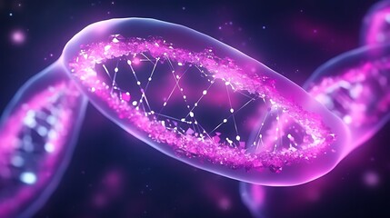 A detailed 3D model of DNA particles forming a twisted helix structure, suspended in a fluid matrix of bioluminescent particles, soft pink and purple lighting creating a surreal atmosphere.