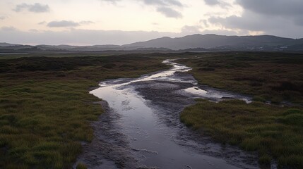 Fototapeta premium Serene View of a River Meandering Through Marshland at Dusk