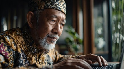 Elderly woman in cultural batik attire typing on laptop in bright natural room Image 4K UHD