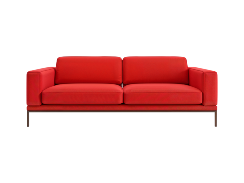 Red sofa, modern furniture, two-seater couch, minimalist design for living room.