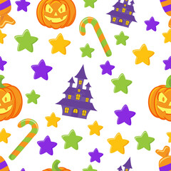 Seamless Halloween background with pumpkins, candies and a spooky castle. Cute flat vector illustration. Seamless background in cartoon style with magical elements and characters.