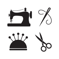 A black and white image showcasing sewing machine needle pin cushion and scissors in a square layout
