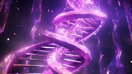 A detailed 3D model of DNA particles forming a twisted helix structure, suspended in a fluid matrix of bioluminescent particles, soft pink and purple lighting creating a surreal atmosphere.