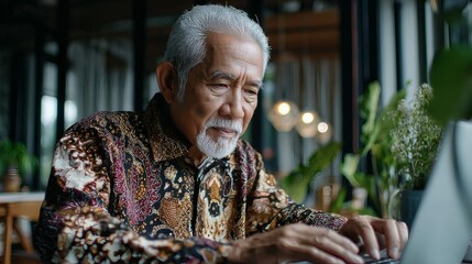 Senior woman in colorful batik focused on financial technology tasks at desk Image 4K UHD