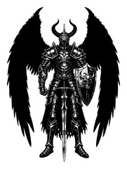 Fototapeta premium Full Length Front View of a Dark Fantasy Evil Hero with Armor and Wings Black and White Outline Line Art Drawing