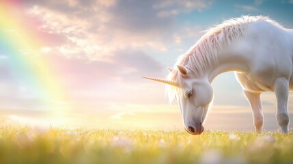 Unicorn with Rainbow Unicorn grazing in a field with a radiant rainbow arching over the landscape, creating a peaceful and magical scene.