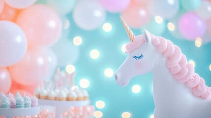 Unicorn Party Themes Unicorn themed party scene with glowing decorations, whimsical treats, and a joyful festive atmosphere.