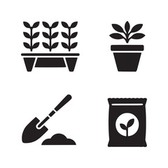 A collection of gardening icons featuring plants, a shovel, soil, and a seed packet in black and white