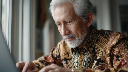 Senior businessman in batik shirt working online in natural lighting Image 4K UHD