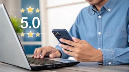 Person Using Smartphone and Laptop with High Rating Stars Displayed