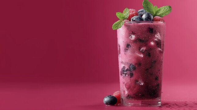 berry smoothie in tall glass with mint and ice on pink background - Powered by Adobe