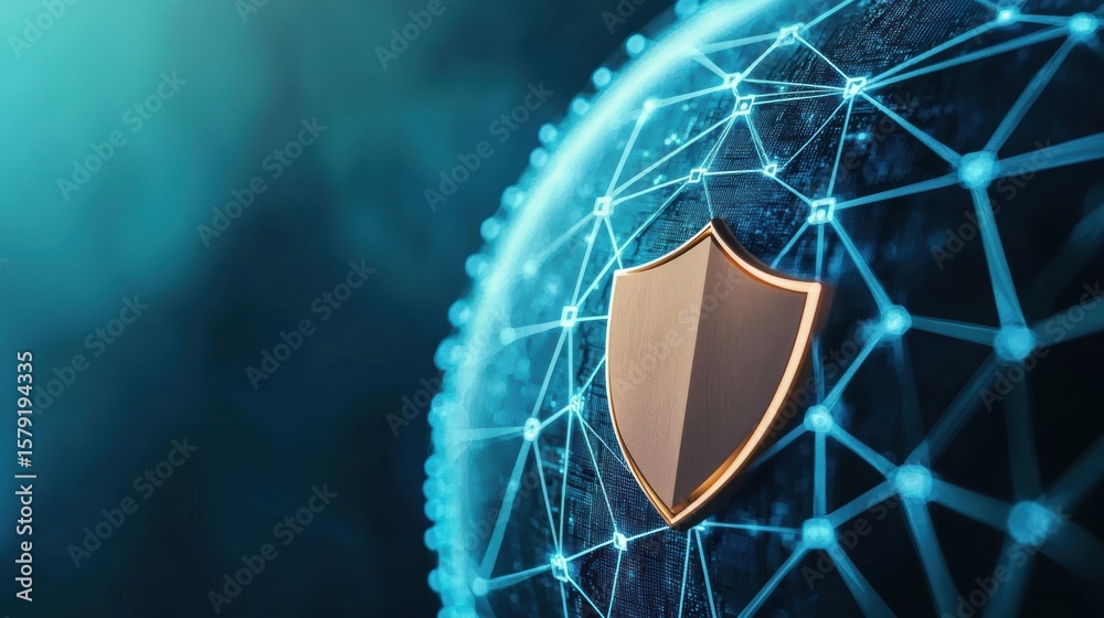 Poster globe cybersecurity and protection image of the earth with interconnected nodes and a security symbo