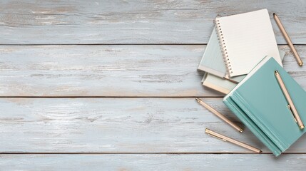 Book on a Desk or Table Pile of books on a rustic wooden table, with scattered pens and a notebook adding a creative, casual vibe.