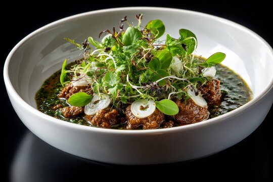 Coratella alla romana, spiced offal stew, served in white bowl with green salad, sliced onions. Concept of coratella alla romana focuses on rich flavors and vibrant presentation.