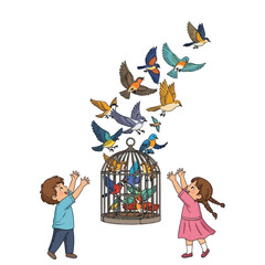 Two children release colorful birds from a cage, setting them free to fly.