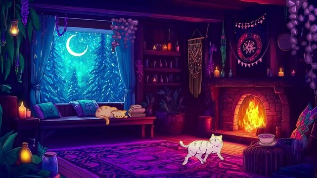 Witch Purple Room with Cats, Seamless animated background ideal for use in video production, presentations, websites, and motion graphics. Loopable, stream twitch decor