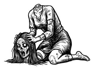 Fototapeta premium Scary Disfigured Headless Zombie Woman Finding Her Head on the Floor Black and White Outline Line Art Drawing