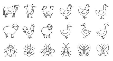 Farm Animals Insects Butterflies Simple Line Drawings Illustrations Designs Pictures Graphics