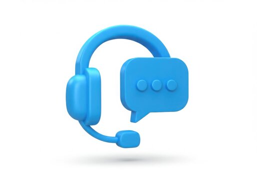 Blue 3d headset with speech bubble icon isolated on white background