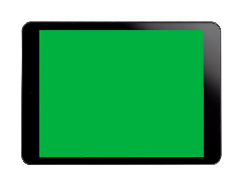 Digital Tablet on Flat Surface with Glowing Green Screen Display, Top View Angle, Isolated on Transparent Background, High-Resolution Mockup for UI/UX Design, App Layouts, and Technology Product Showc
