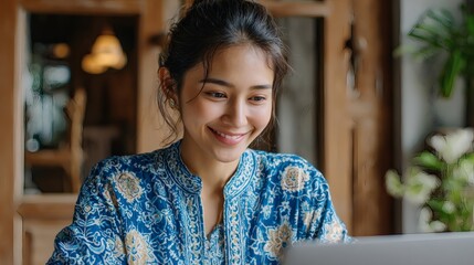 Smiling woman in batik browsing laptop in a warm modern workspace Image 4K UHD