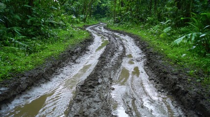 Fototapeta premium Wet and Muddy Trail in Lush Green Forest Following Recent Rainfall